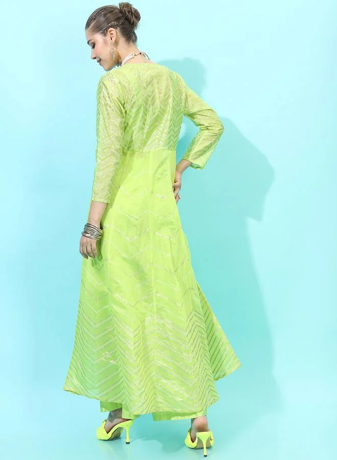 Vishudh  Women Green Printed Kurta Set With Palazzo And Jacket for Women | Best Price UAE
