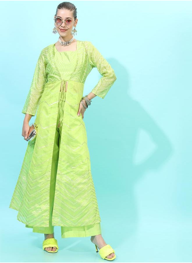 Vishudh Women Green Printed Kurta Set with Palazzo and Jacket by Styli  - Image 1