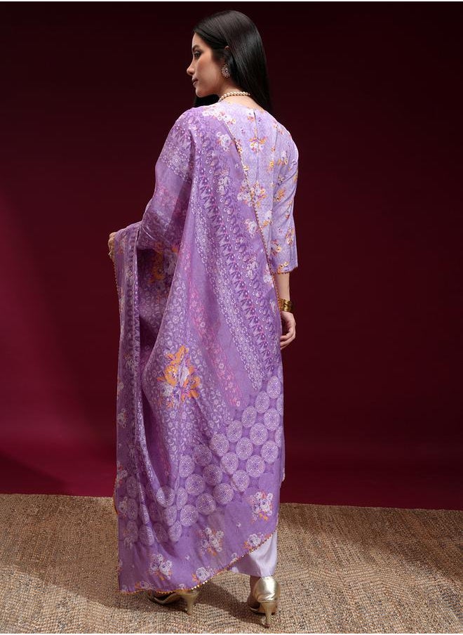 Vishudh - Women Purple Embroidered Floral Kurta Set by Styli - Image 1