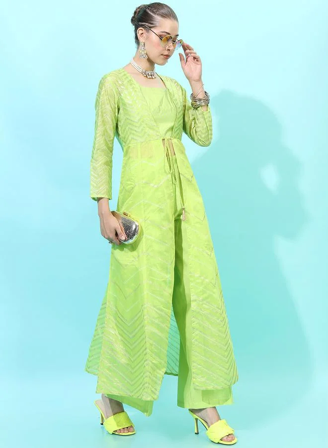 Vishudh  Women Green Printed Kurta Set With Palazzo And Jacket for Women | Best Price UAE