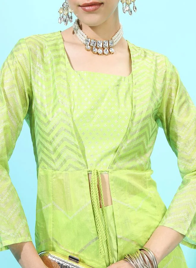 Vishudh  Women Green Printed Kurta Set With Palazzo And Jacket for Women | Best Price UAE