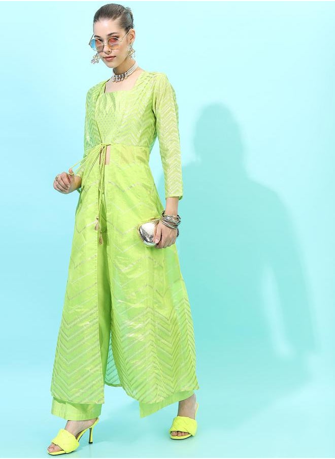 Vishudh Women Green Printed Kurta Set with Palazzo and Jacket by Styli  - Image 2
