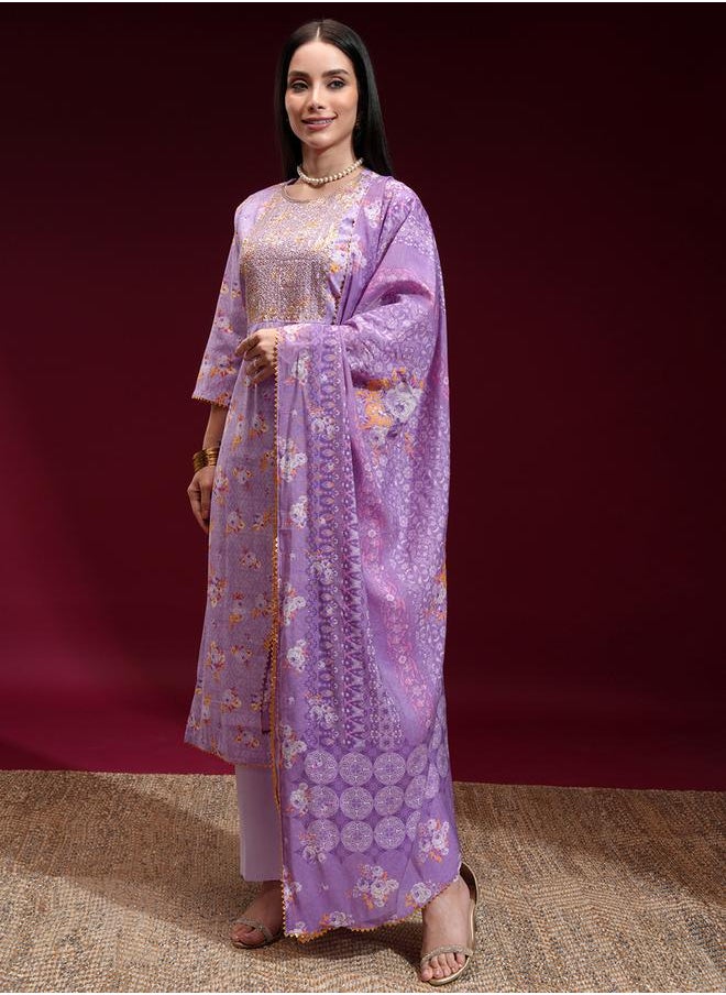 Vishudh - Women Purple Embroidered Floral Kurta Set by Styli - Image 1