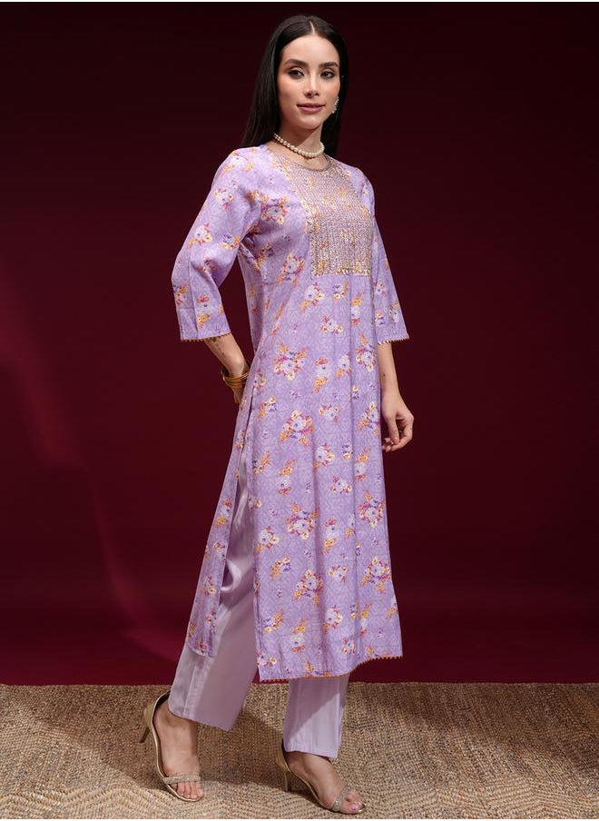 Vishudh - Women Purple Embroidered Floral Kurta Set by Styli - Image 1