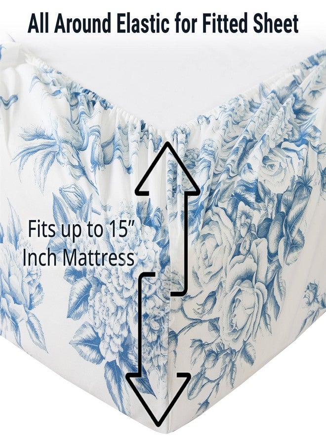 HLC.ME Rose Toile Floral Bed Sheets - 4 Piece Bed Sheet Set - Wrinkle Resistant & Ultra Soft - Fits Mattresses up to 15 Inches Deep (King, Blue) - Image 2