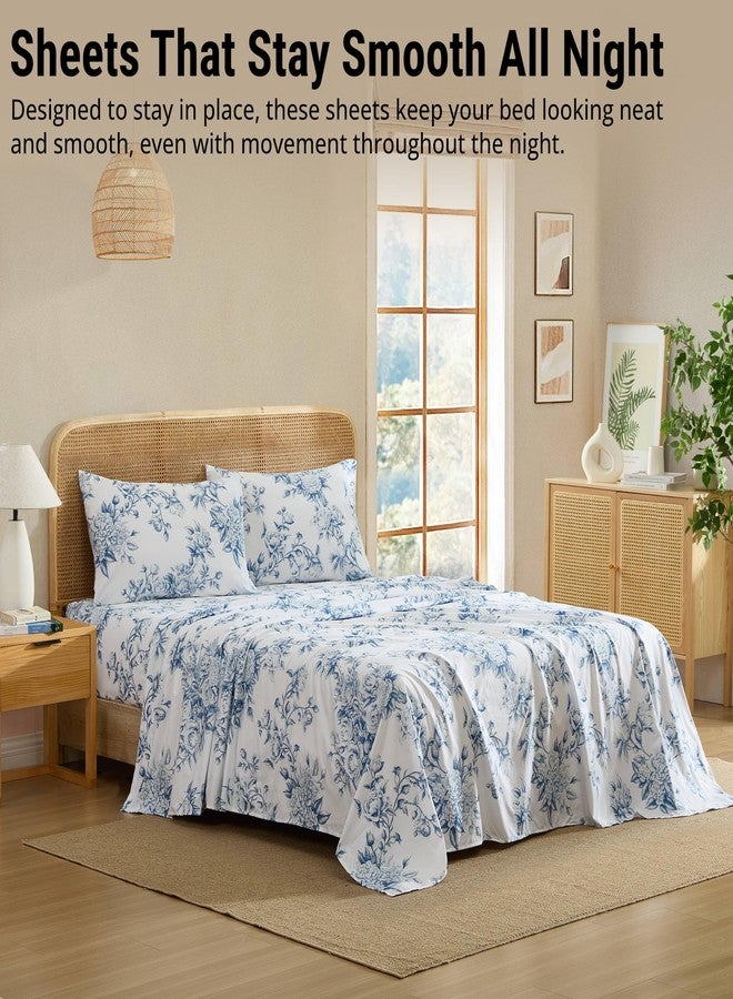 HLC.ME Rose Toile Floral Bed Sheets - 4 Piece Bed Sheet Set - Wrinkle Resistant & Ultra Soft - Fits Mattresses up to 15 Inches Deep (King, Blue) - Image 5