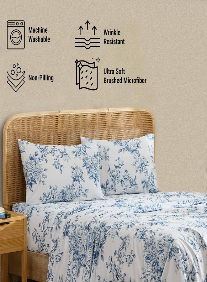 HLC.ME Rose Toile Floral Bed Sheets - 4 Piece Bed Sheet Set - Wrinkle Resistant & Ultra Soft - Fits Mattresses up to 15 Inches Deep (King, Blue) - Image 4