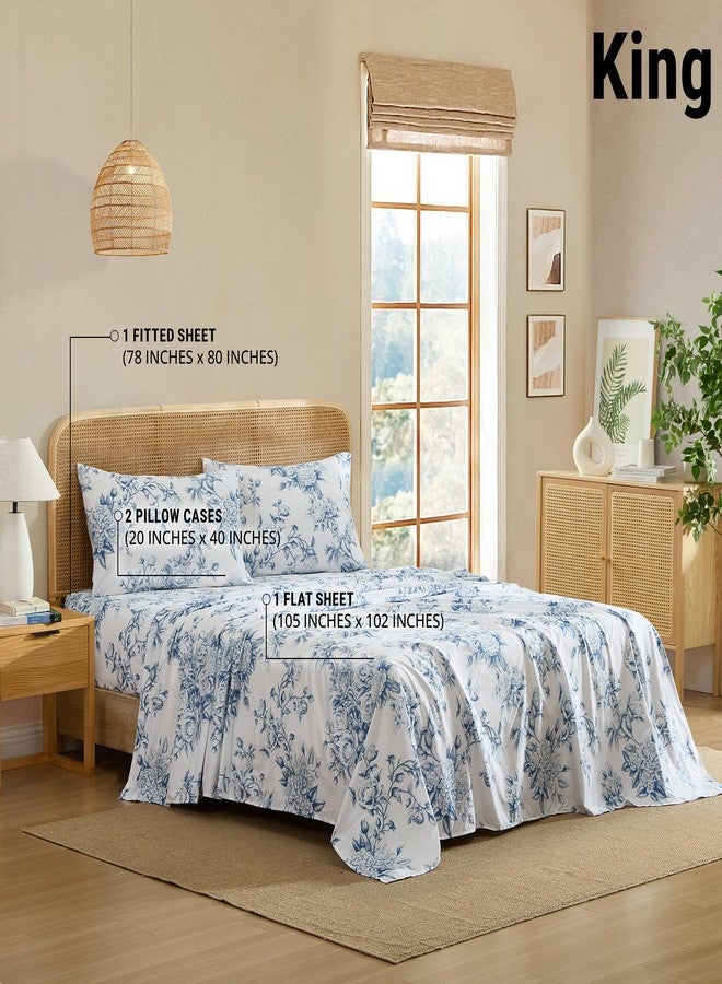 HLC.ME Rose Toile Floral Bed Sheets - 4 Piece Bed Sheet Set - Wrinkle Resistant & Ultra Soft - Fits Mattresses up to 15 Inches Deep (King, Blue) - Image 3