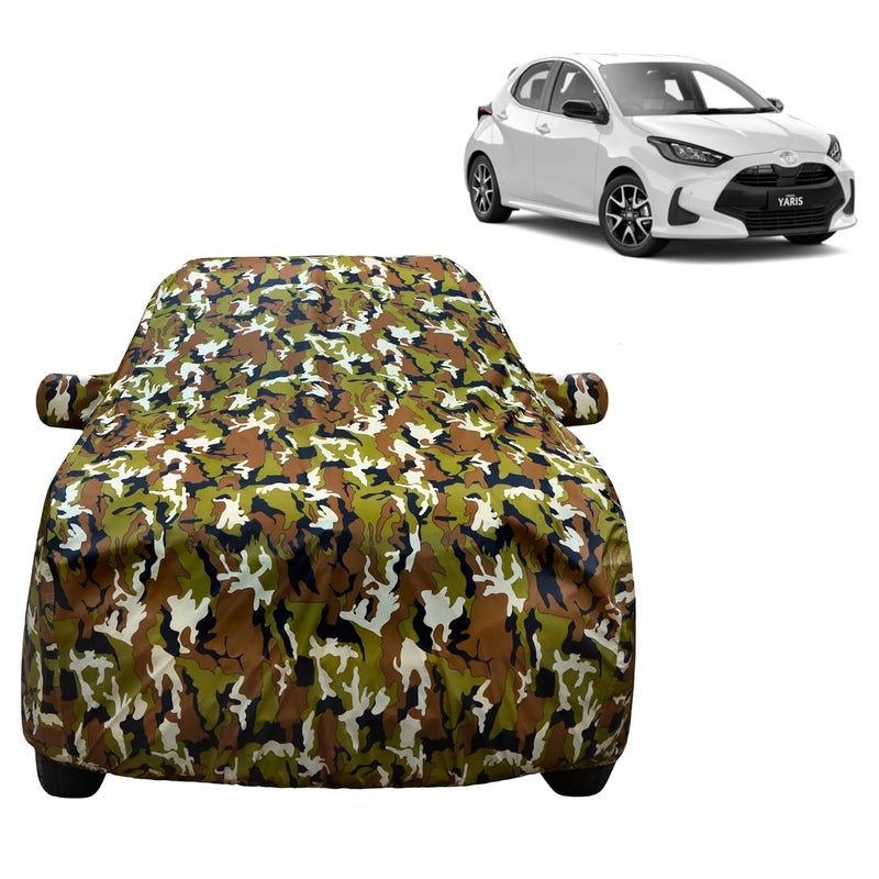 VYAS 100% Waterproof Car Body Cover for Toyota Yaris (2018-2022) with Mirror Pocket Triple Stitched Belt & Buckle Fitting Dual Elastic, Durable Material Jungle Print Camouflage Design - Image 1