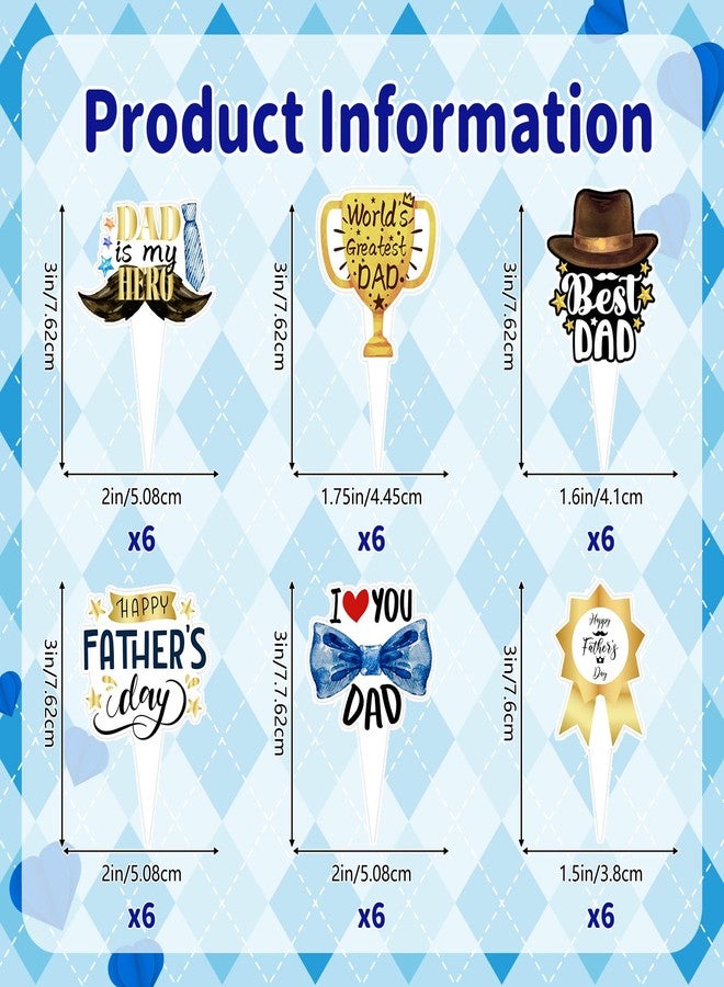 wuhuzsm Father's Day Cupcake Toppers 36 Pack, Happy Fathers Day Cake Decorations I Love My Dad Best Dad Cupcake Picks with Beard & Tie Designs for Father's Day Party Supplies - Image 2