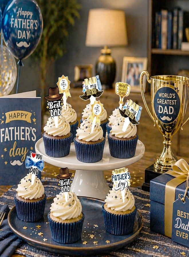 wuhuzsm Father's Day Cupcake Toppers 36 Pack, Happy Fathers Day Cake Decorations I Love My Dad Best Dad Cupcake Picks with Beard & Tie Designs for Father's Day Party Supplies - Image 5