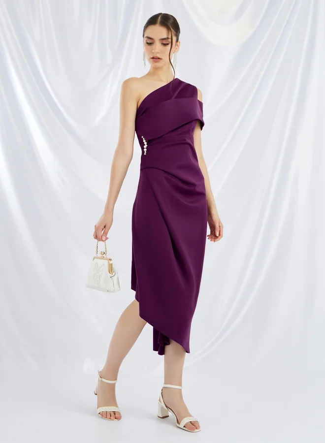 Take Two Take Two Embellished One Shoulder Asymmetric Hem Midi Dress