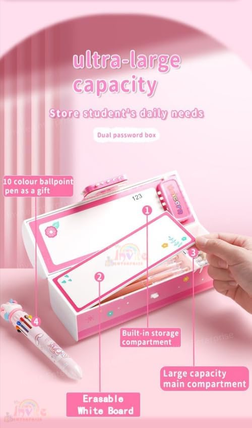 Rahasya Enterprise Plastic Pencil Case With Code Lock - Kids Style Multi-Layer Pencil Box For Boys & Girls (Unicorn Pink) - Image 4