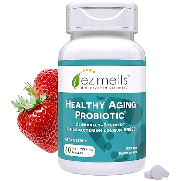 EZ Melts Healthy Aging Probiotic - Daily Probiotic for Digestive & Gut Health Support - with Bifidobacterium Longum - Non-GMO & Vegan - Strawberry - 60 Dissolvable Tablets (60 Servings) - Image 1