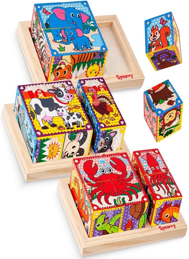 SYNARRY Wooden Puzzles for Toddlers 1-3, Farm Jungle Ocean Animals Puzzles for Toddlers 2-4, Wooden Cube Puzzle with Storage Tray, Large Block Montessori Toys for 1 2 3 Year Old, Easter Gifts for Kids - Image 1