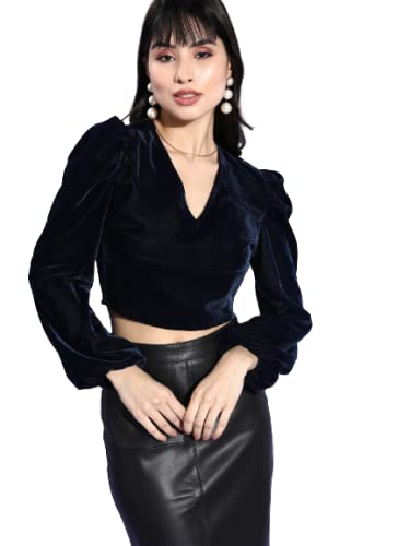 Style Quotient Women Navy Solid Velvet Smart Casual Crop Top - Image 1
