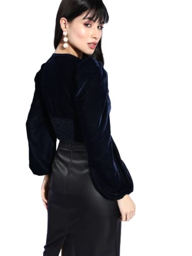 Style Quotient Women Navy Solid Velvet Smart Casual Crop Top - Image 5