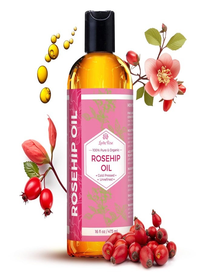 Leven Rose Rosehip Seed Oil for Face 16 oz - Pure Rosehip Oil for Face - Unrefined Cold Pressed Rose hip for Body - Nighttime Face Moisturizer for Hair, Skin & Nails - Image 1