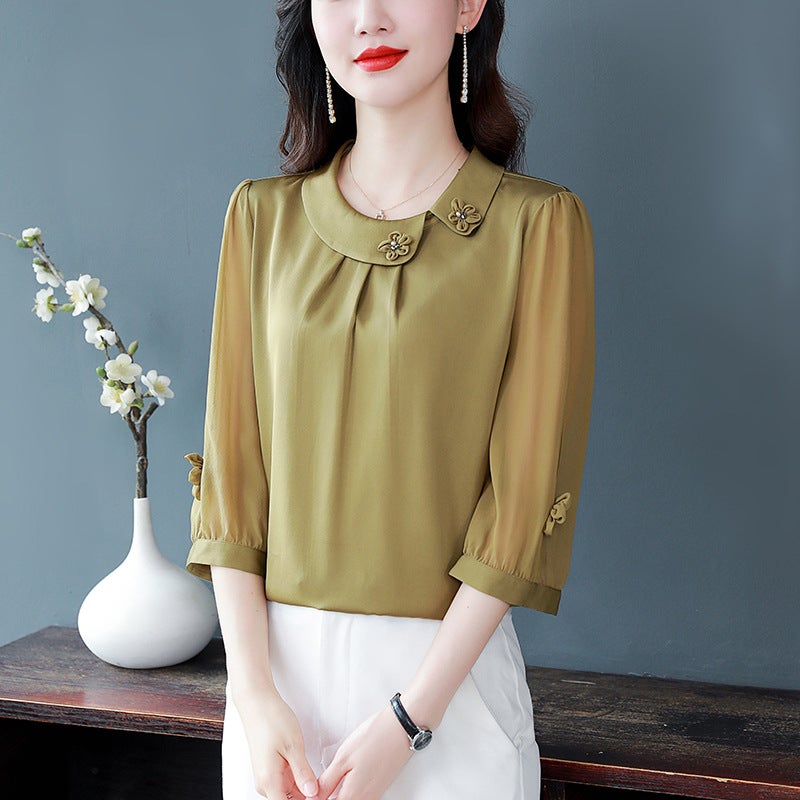 Foreign-style Middle-aged and Elderly Mother's Clothing Hangzhou Imitation Silk Shirt 2023 Summer Mulberry Silk Top Solid Color Middle Sleeve Snow Imitation Shirt - Image 4