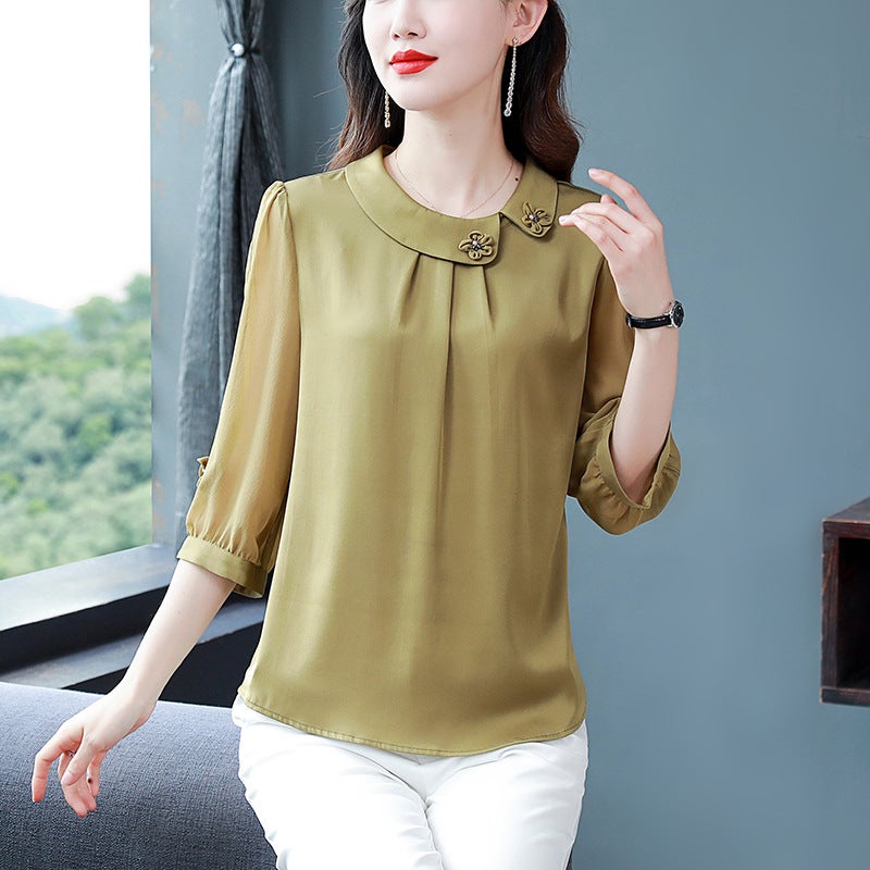 Foreign-style Middle-aged and Elderly Mother's Clothing Hangzhou Imitation Silk Shirt 2023 Summer Mulberry Silk Top Solid Color Middle Sleeve Snow Imitation Shirt - Image 2