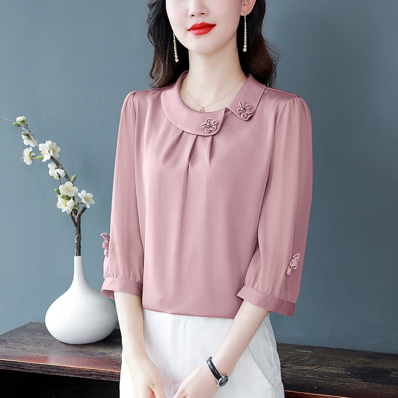 Foreign-style Middle-aged and Elderly Mother's Clothing Hangzhou Imitation Silk Shirt 2023 Summer Mulberry Silk Top Solid Color Middle Sleeve Snow Imitation Shirt - Image 1