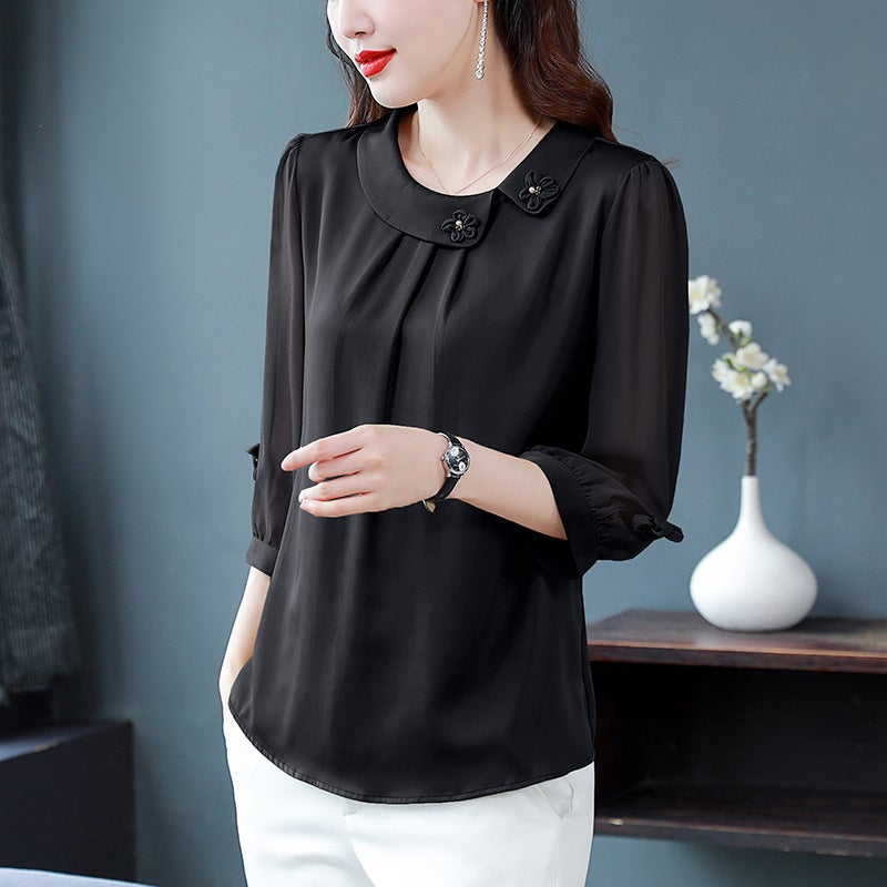 Foreign-style Middle-aged and Elderly Mother's Clothing Hangzhou Imitation Silk Shirt 2023 Summer Mulberry Silk Top Solid Color Middle Sleeve Snow Imitation Shirt - Image 5
