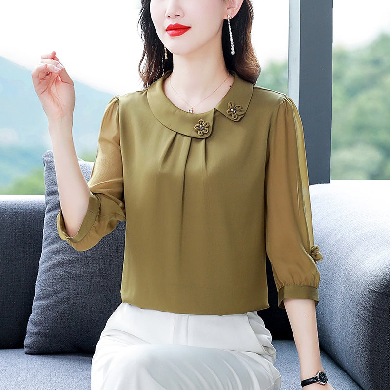 Foreign-style Middle-aged and Elderly Mother's Clothing Hangzhou Imitation Silk Shirt 2023 Summer Mulberry Silk Top Solid Color Middle Sleeve Snow Imitation Shirt - Image 3