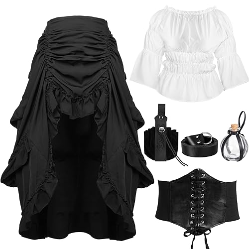 Toulite 6 Pcs Halloween Pirate Costume Women Medieval Dress Renaissance Outfit Pirate Shirt Skirt Corset Belt Bottle(XL) - Image 1