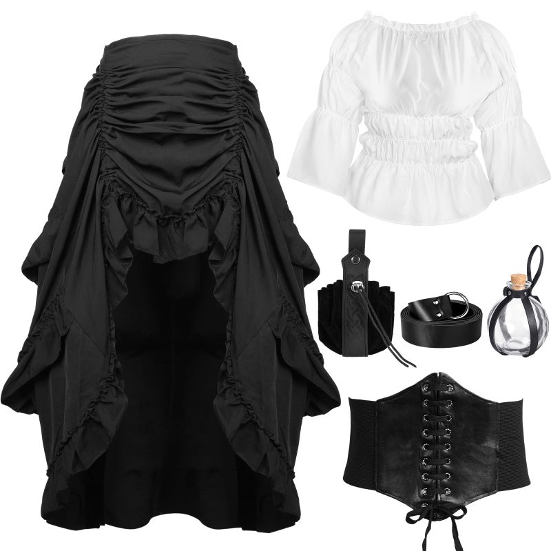 Toulite 6 Pcs Halloween Pirate Costume Women Medieval Dress Renaissance Outfit Pirate Shirt Skirt Corset Belt Bottle(XL) - Image 2