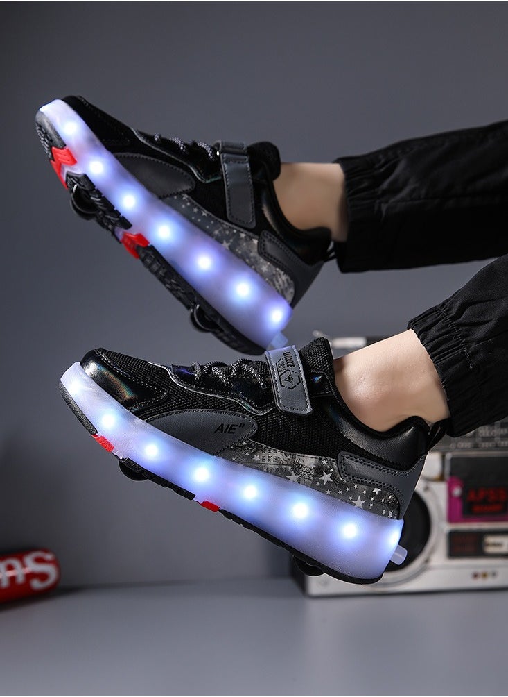 Loquat - 4 Wheels LED Flashing Wheeled Low Top Sneakers Black - Image 1