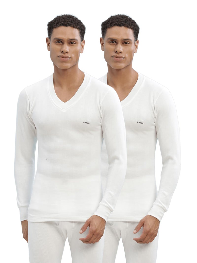 Dollar Ultra Pack of 2 Combed Cotton Mens Thermal V-Neck Full Sleeve Top Off White - Image 1