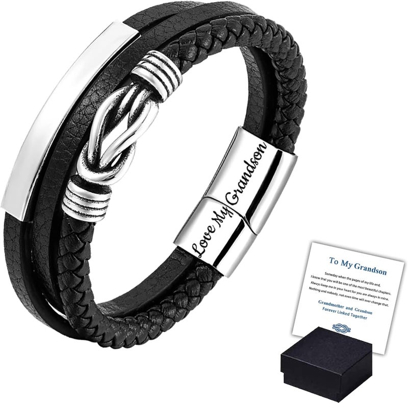 klarako for Grandson - Grandmother and Grandson Forever Linked Together Infinity Knot Black Leather Bracelet, Men's Stainless Braided Leather Bracelet - Image 1