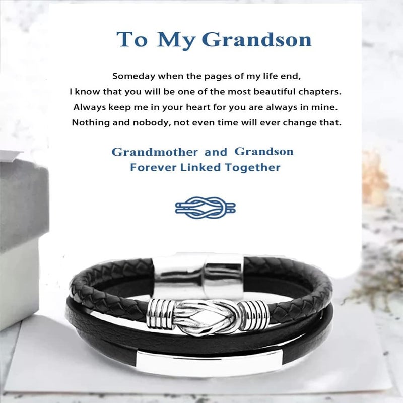 klarako for Grandson - Grandmother and Grandson Forever Linked Together Infinity Knot Black Leather Bracelet, Men's Stainless Braided Leather Bracelet - Image 5