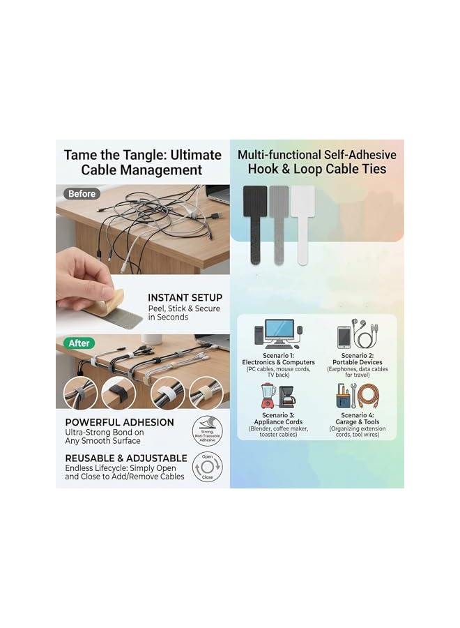 S-TOP Reusable Self Adhesive Cable Ties: 90 Pcs Wire Organizers, Under Desk Adjustable Cable Organizer, 3 Colors, Extension Cords Management Ties for Office Desks Home Outdoor - Image 5