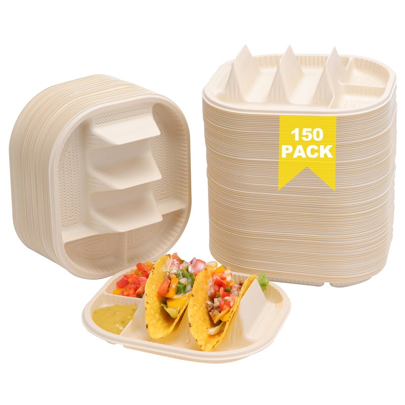 LUVCOSY 150 Pack Disposable Taco Holder With Dipping Sides Biodegradable Cornstarch Taco Plates for Party Small Size Fit for 56 Inch Normal Tortilla Microwave Safe