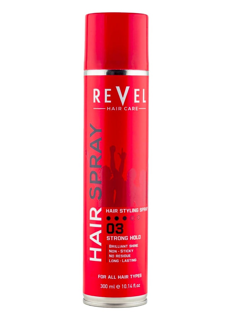 Revel رذاذ تصفيف الشعر من ريفيل بقوة تثبيت قوية 03، 300 مل، لجميع أنواع الشعر، لمعان رائع، غير لزج، بدون بقايا، يدوم طويلاً، يجف بسرعة، تركيبة غير لزجة، رذاذ شعر للجنسين - Image 1