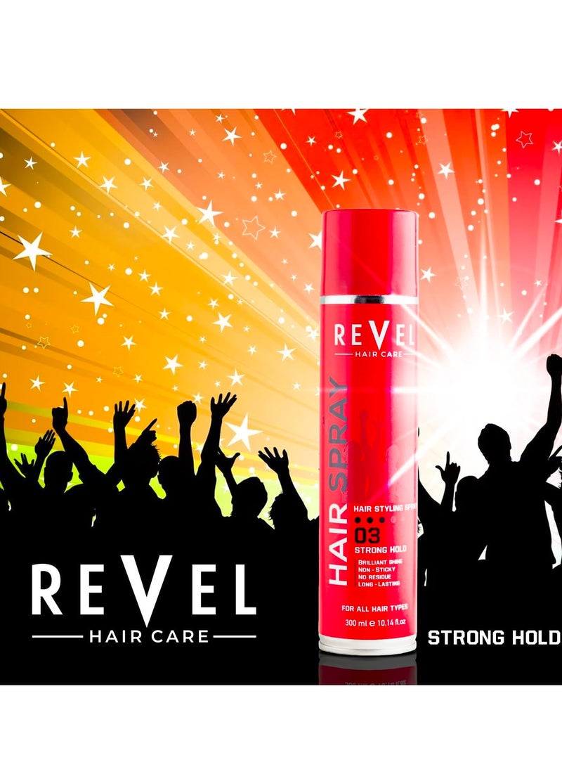 Revel رذاذ تصفيف الشعر من ريفيل بقوة تثبيت قوية 03، 300 مل، لجميع أنواع الشعر، لمعان رائع، غير لزج، بدون بقايا، يدوم طويلاً، يجف بسرعة، تركيبة غير لزجة، رذاذ شعر للجنسين - Image 2