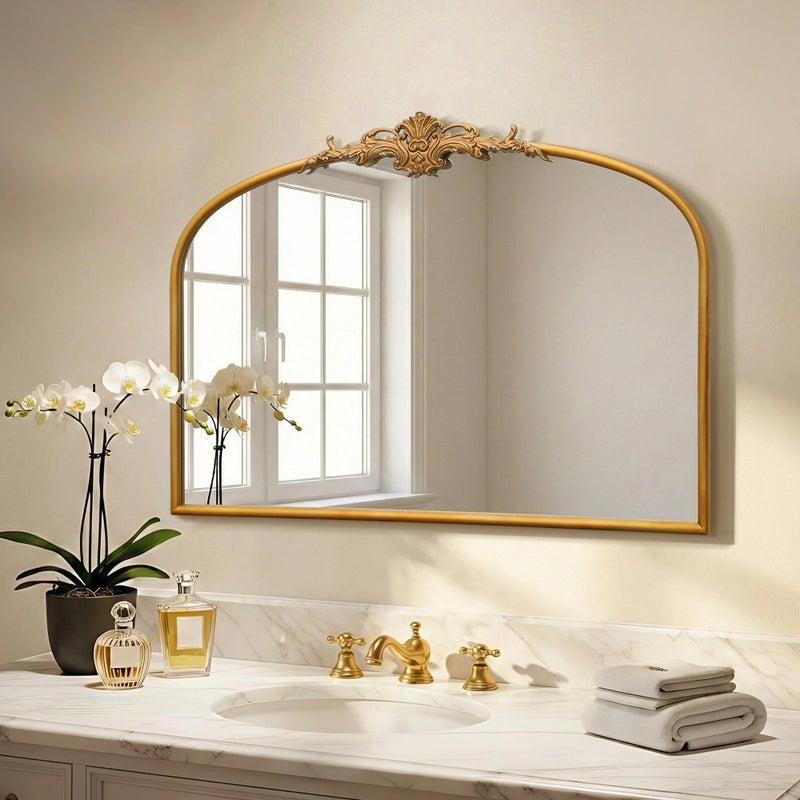 Besdomus Antique Arched Gold Mirror: 32"x24" Large Gleaming Gold Antique Wall Mounted Mirror - Baroque Traditional Ornate for Fireplace/Bathroom/Bedroom - Wall Decor for Homemakers - Image 1