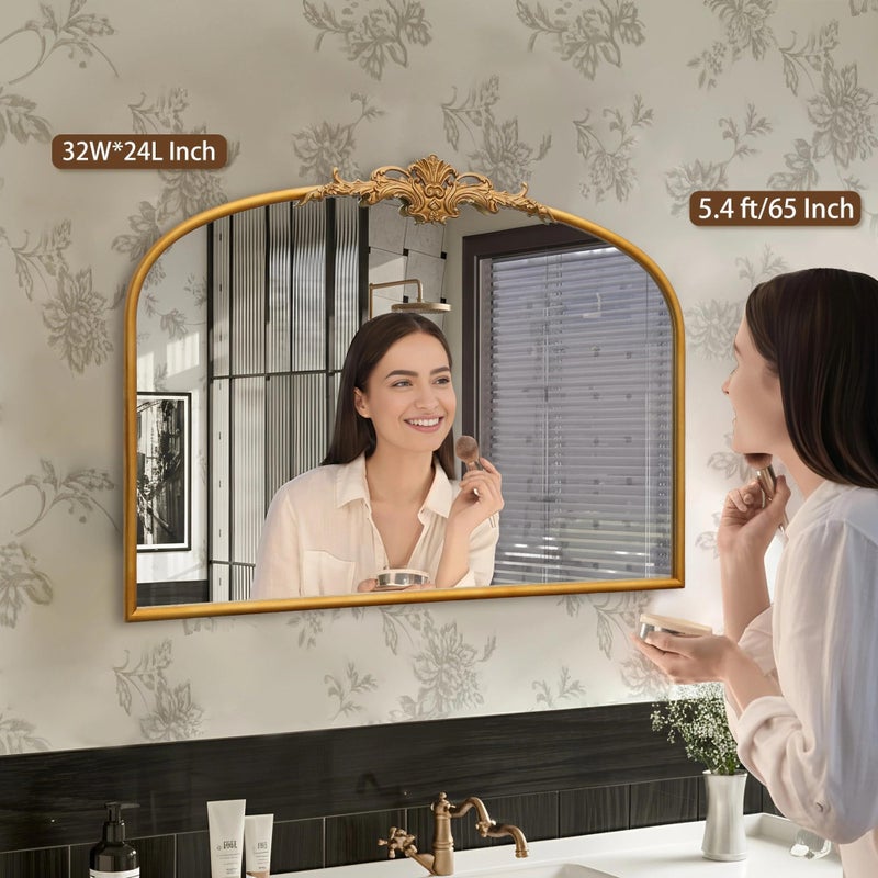 Besdomus Antique Arched Gold Mirror: 32"x24" Large Gleaming Gold Antique Wall Mounted Mirror - Baroque Traditional Ornate for Fireplace/Bathroom/Bedroom - Wall Decor for Homemakers - Image 3