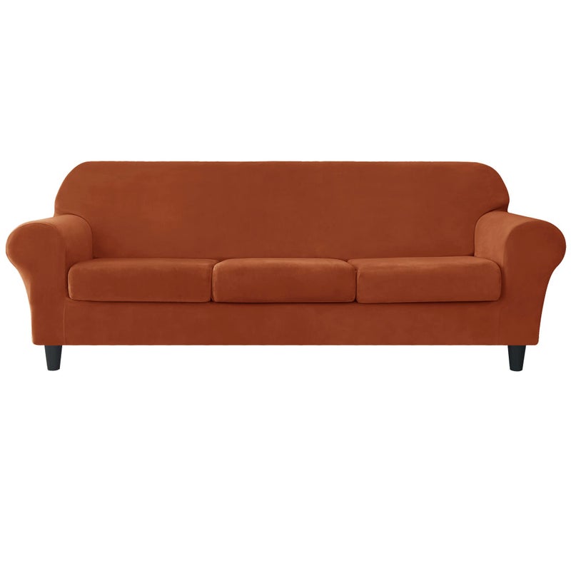 CONRUSER Stretch Sofa Slipcover Soft Velvet Sofa Covers for 3 Cushion Couch Thick Furniture Protector for Pets  Kids Redbrown L