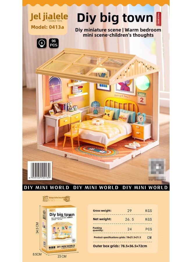 Zhiqu Cabin Mini Assembled Scene Creative Handmade DIY Big Town 3D Building Blocks Gift Toy Lighting-Color:0413a Premium Box [diy Warm Bedroom]  - Image 1