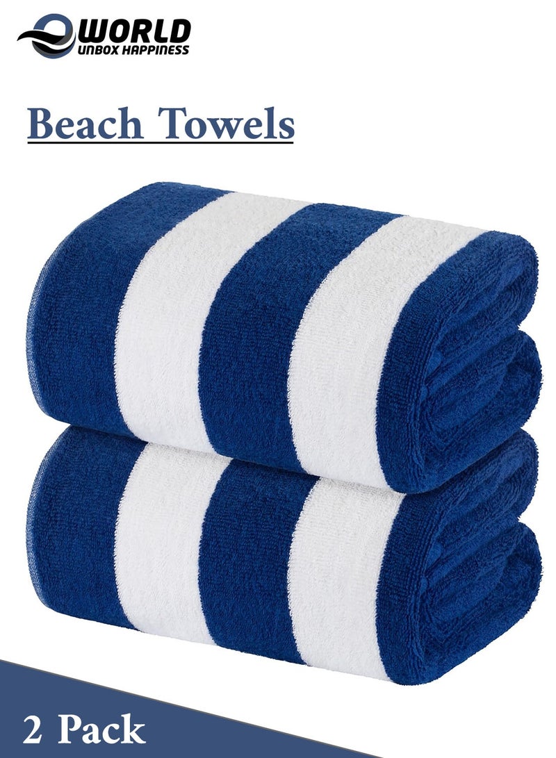 Eworld 2-Piece Oversized Beach Towels – Extra Large Cotton Cabana Stripe Pool & Bath Towels, Highly Absorbent, Soft & Quick-Dry, Blue/White - Image 1