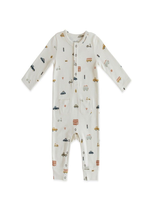 PEHR Henley Patch Pocket Romper, Rush Hour | 100% Organic Cotton, Baby Boy Romper with Brass Snap Closures and Front Pockets (Rush Hour, 12-18 months)