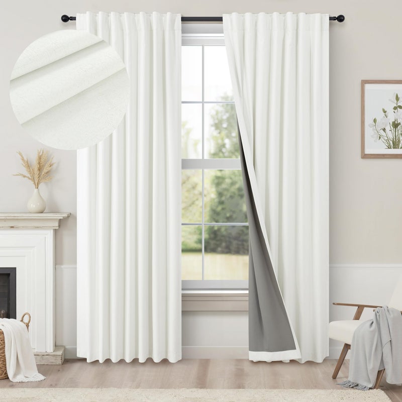 Pitalk Black Out Curtains 72 Inch Long 2 Panel Burg Lightweight Faux Linen Cute Blackout Bay Window Curtain Modern Neutral Drapes for Bedroom Cabin Room Darkening Curtains 6FT Length Back Tab Ivory Off White - Image 1