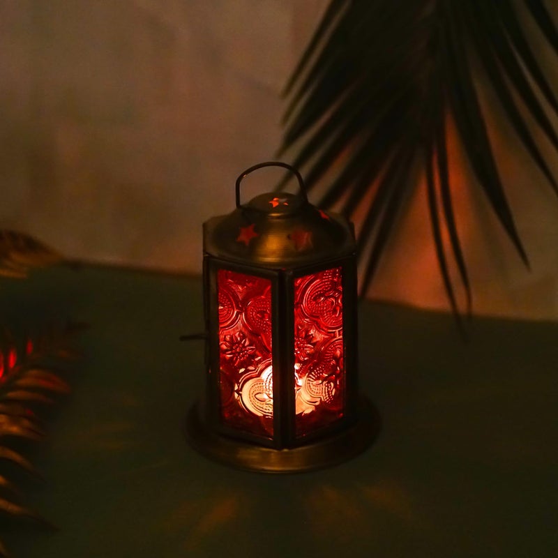 OGGN Vintage Style Candle Lantern Metal and Glass for Home Decoration Lantern for Tabletop and WallHanging Elevate Your Ambiance Hanging Lamp Red