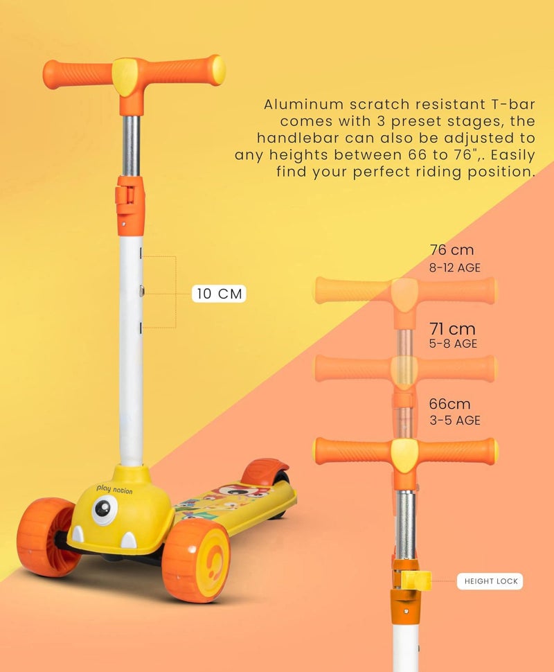 PlayNation Play Nation Kids Kick-On Scooter with LED Wheels, Wide Standing Deck, 3-Level Adjustable Handlebar, 3 Years+, 55 x  28.5 x 76.5 cm, - Yellow - Image 3