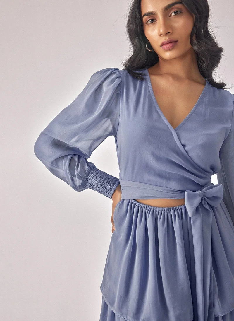 The Label Life The Label Life Women's Tiered Wrap Dress with Smocked Sleeves - Periwinkle Blue