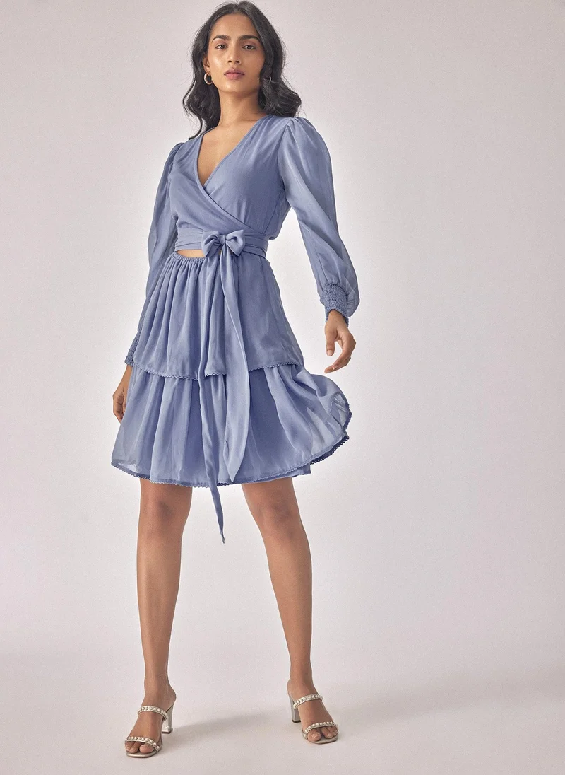 The Label Life The Label Life Women's Tiered Wrap Dress with Smocked Sleeves - Periwinkle Blue