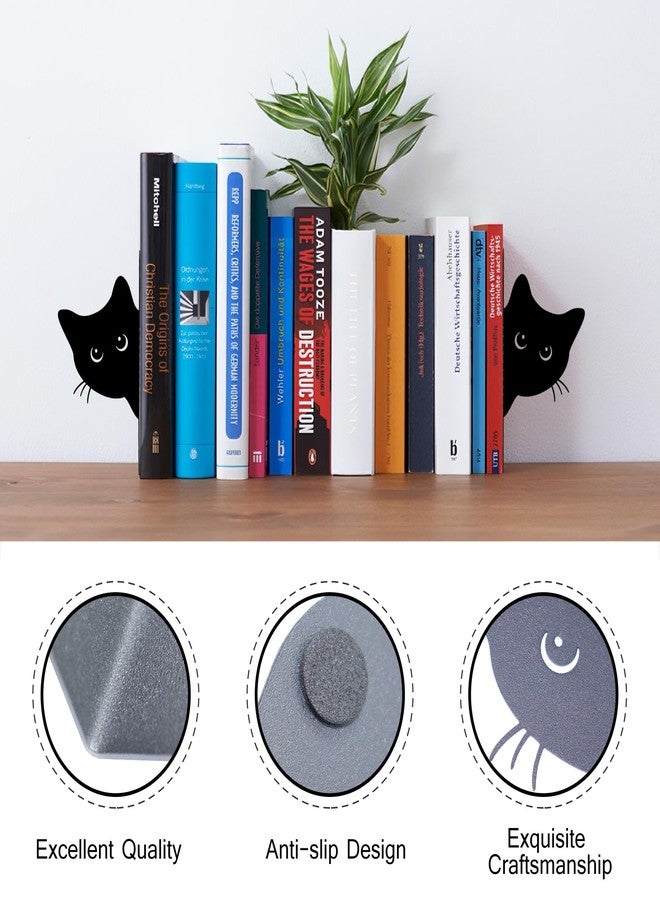 TYLCC Bookends Metal Cat Book Ends, 1 Pairs Cute Bookends for Shelves Decorative for Home Office Desk Bookshelf Decor (Black, Full-face) - Image 3