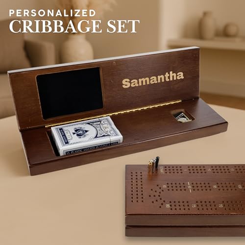 WE Games Custom Engraved Wooden Cribbage Game Set Walnut Stain Continuous 3 Track for 23 Players Travel Cribbage Board with Card Storage Classic Board Games for Adults - Image 5